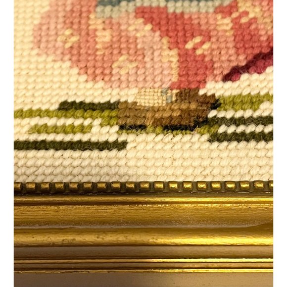 2 Vintage Needlepoint Boy Butterfly Girl Duck Gold Framed Wall Hangings 10" - Picture 3 of 7